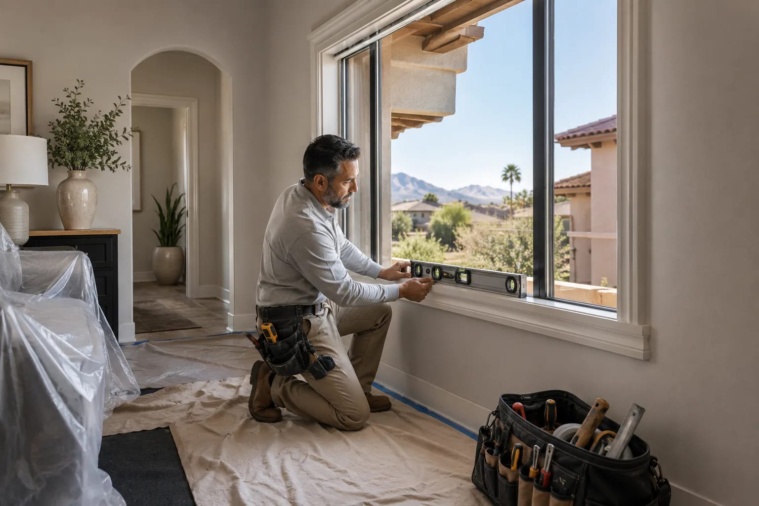 Residential window installer checking completed work