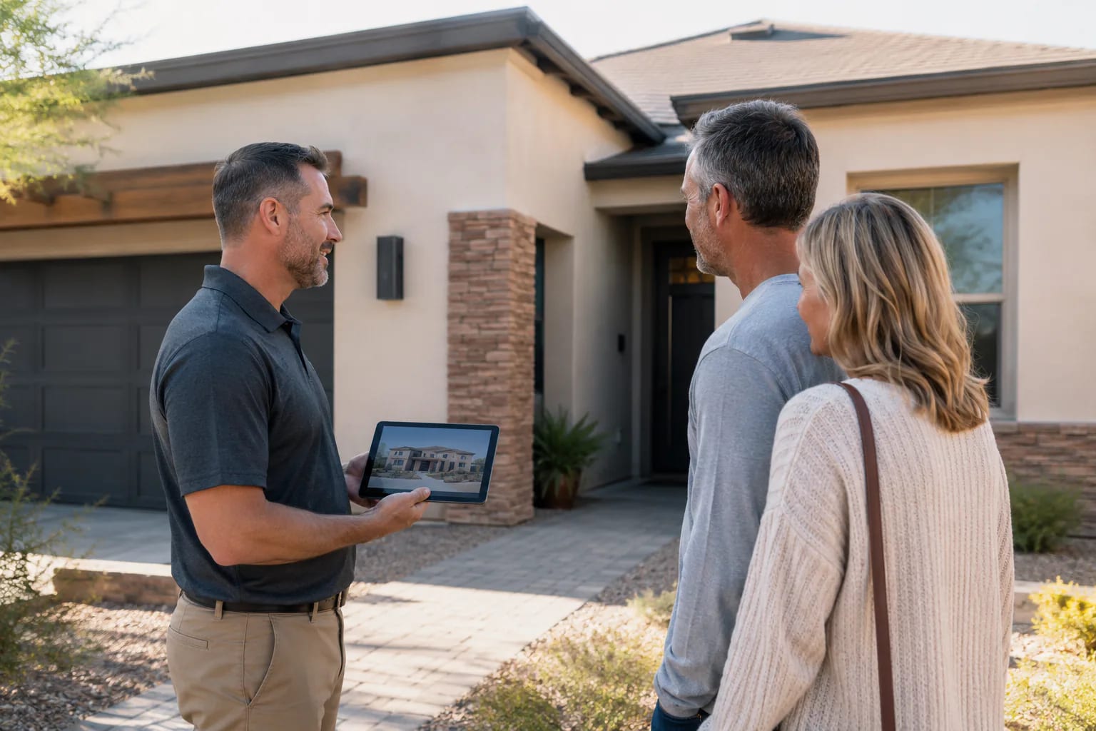 Home improvement consultant speaking with homeowners outside their home