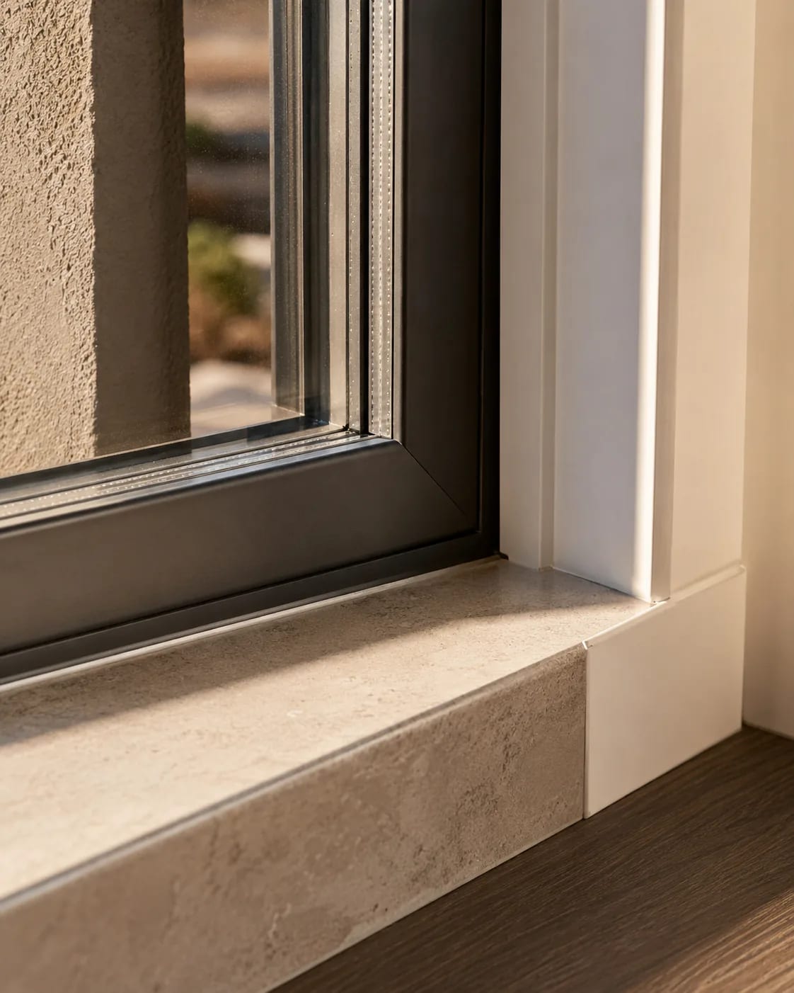 Close detail of a fitted window frame and sill