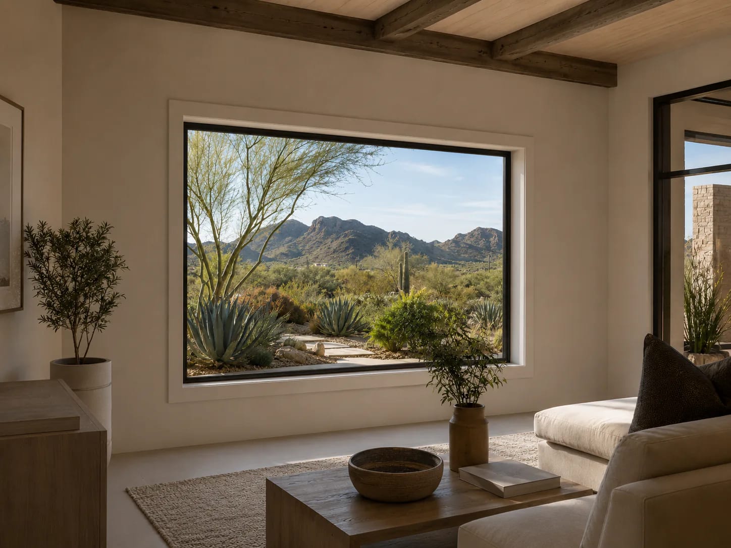 Picture window framing a desert landscape