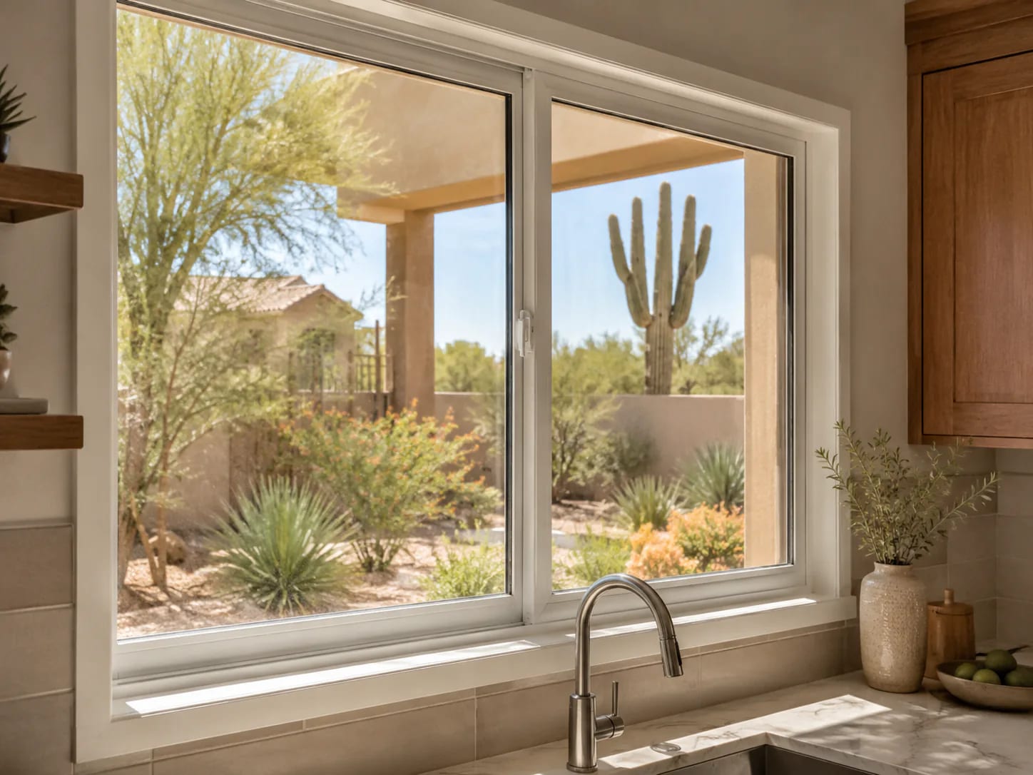 Sliding window above a bright kitchen counter
