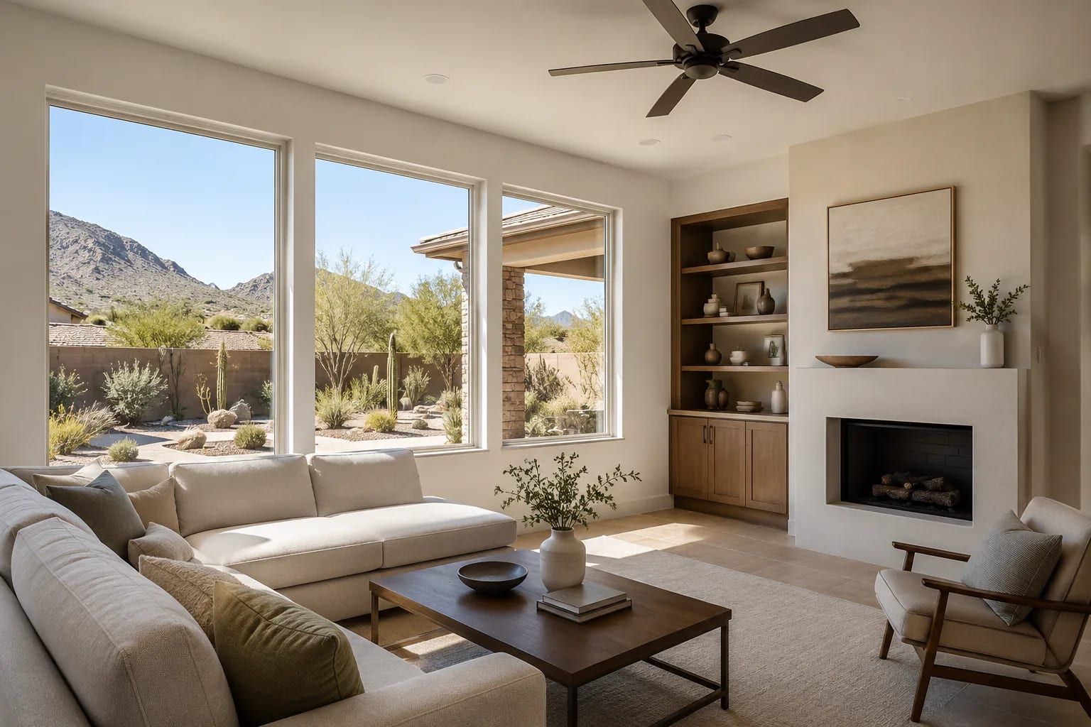 Comfortable living room with broad views through replacement windows